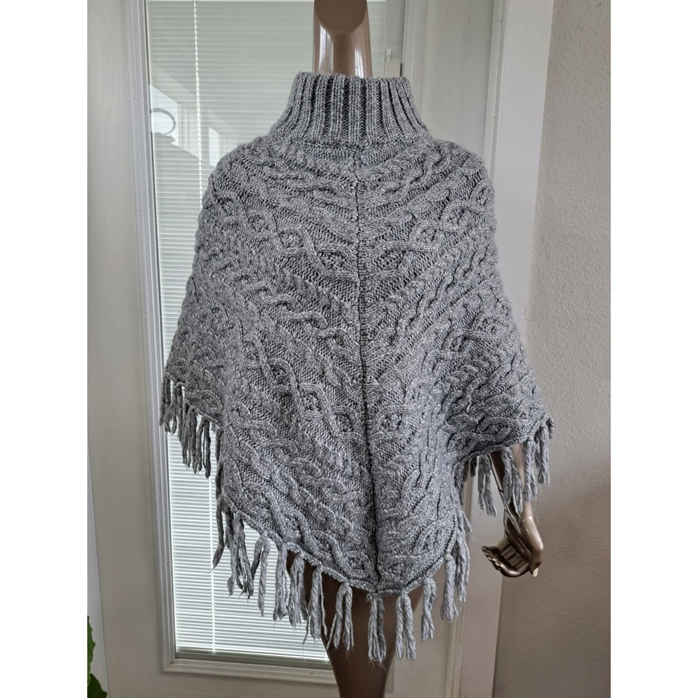 Time and Tru Womens Gray Cable Knit Poncho Turtleneck Fringe One Size OS